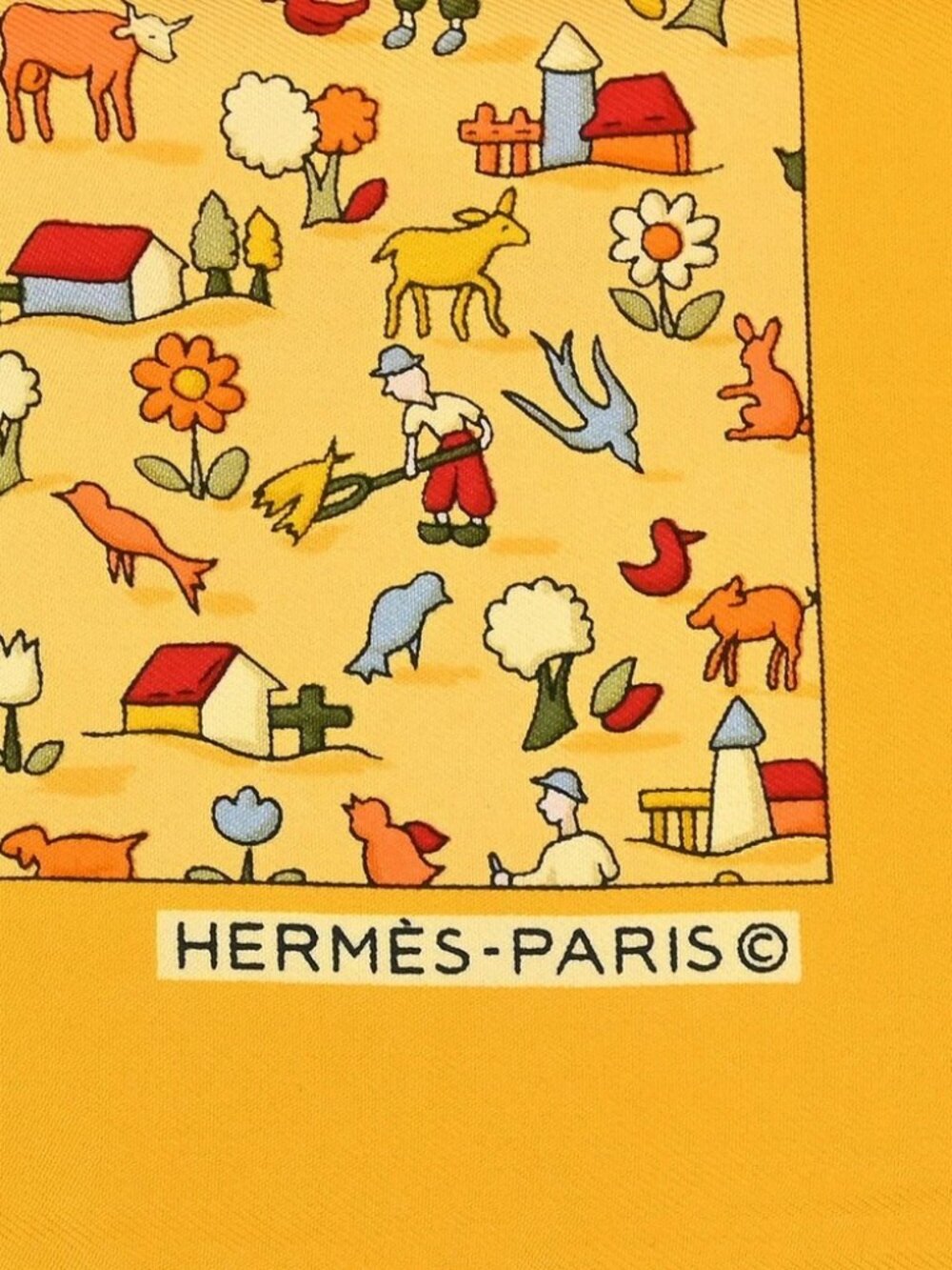 Hermes Scarf Petite Carre Farm Life Yellow Small Good 188046 - Picture 7 of 10